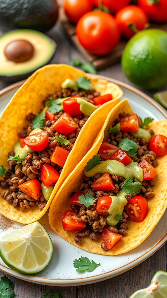 A plate of colorful vegan tacos filled with lentils, tomatoes, and lettuce, topped with avocado crema and garnished with cilantro.